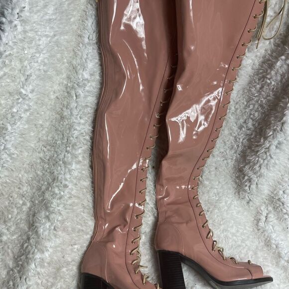 Cape Robbin light Pink Patent Synthetic Thigh High LaceUp Chunky Heel Bo… - Picture 8 of 12